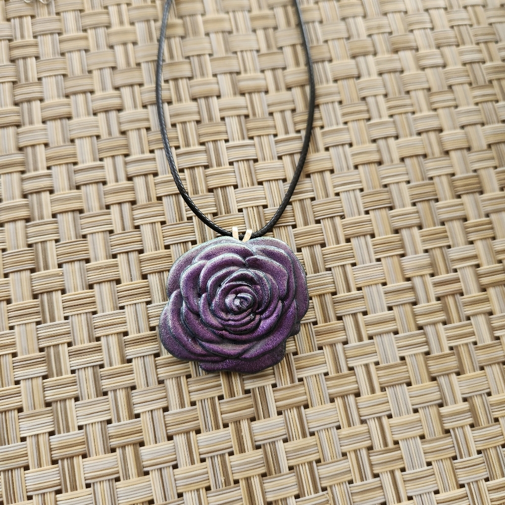 Handcrafted Purple and Black Rose Pendant Necklace
